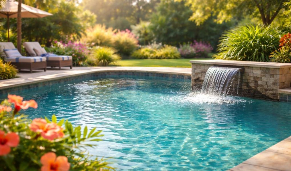 piscine-jardin-soleil-arbres-fleurs