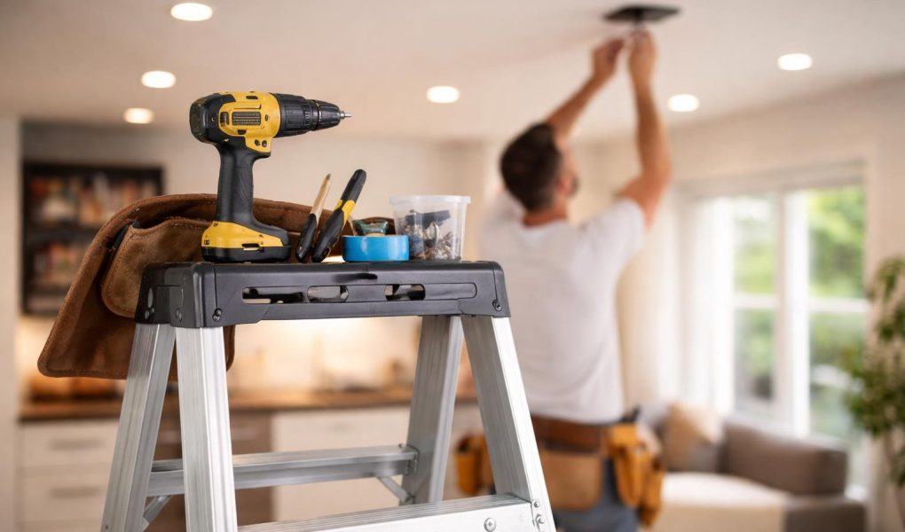 plafond-moderne-outils-echelle-personne-floue