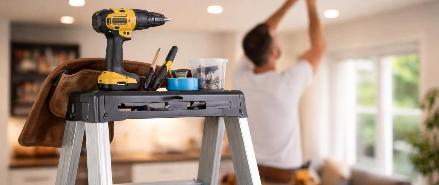plafond-moderne-outils-echelle-personne-floue