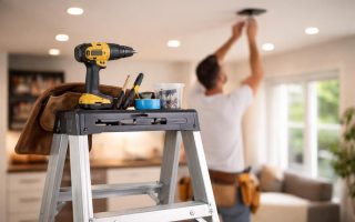 plafond-moderne-outils-echelle-personne-floue