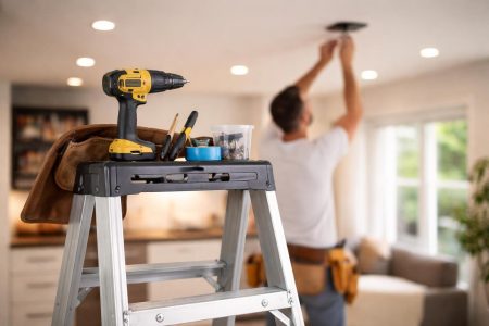 plafond-moderne-outils-echelle-personne-floue