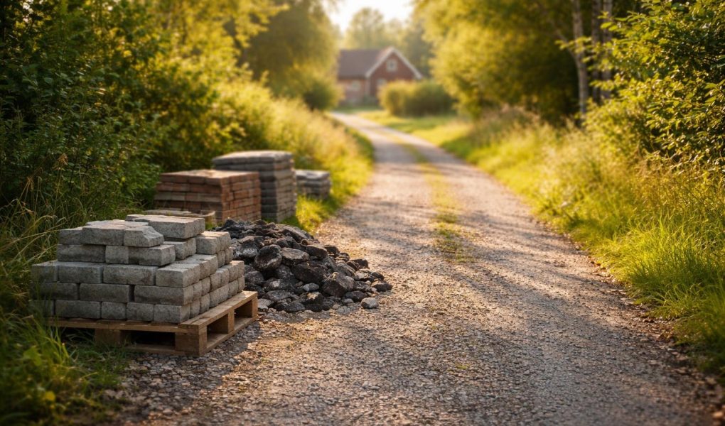 chemin-gravier-verdure-maison-floue