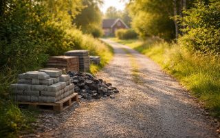 chemin-gravier-verdure-maison-floue