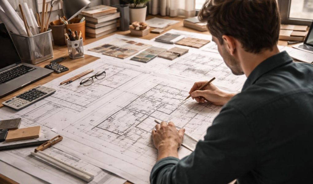 bureau-architecte-plans-perspective-outils