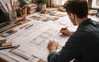 bureau-architecte-plans-perspective-outils