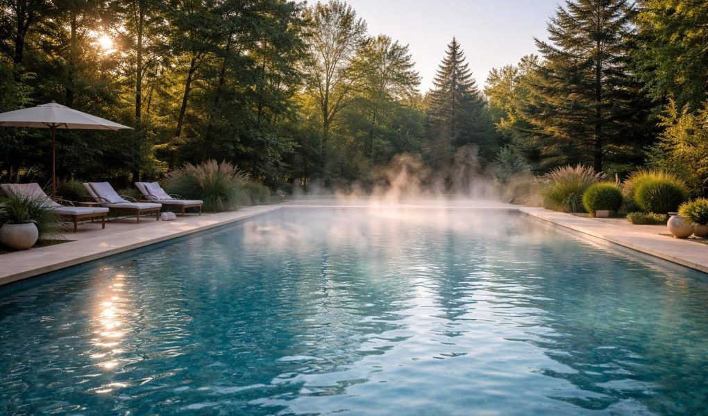 piscine-exterieure-verdure-vapeur-ciel-clair