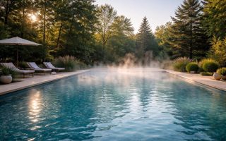 piscine-exterieure-verdure-vapeur-ciel-clair