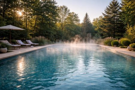 piscine-exterieure-verdure-vapeur-ciel-clair